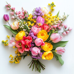 Obraz premium Bouquet of spring flowers (tulips, mimosa, roses) on a white background