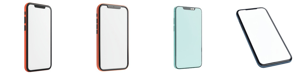 Collection of contemporary smartphone devices in various colors and designs displayed on plain colored studio backgrounds