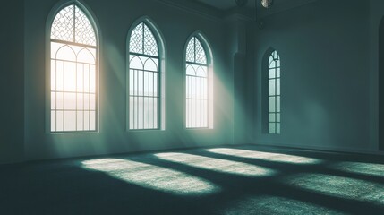 Fototapeta premium Serene Sunlight Streaming Through Arched Windows in Empty Room