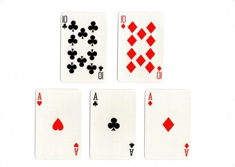 A poker hand of playing cards on a white background.