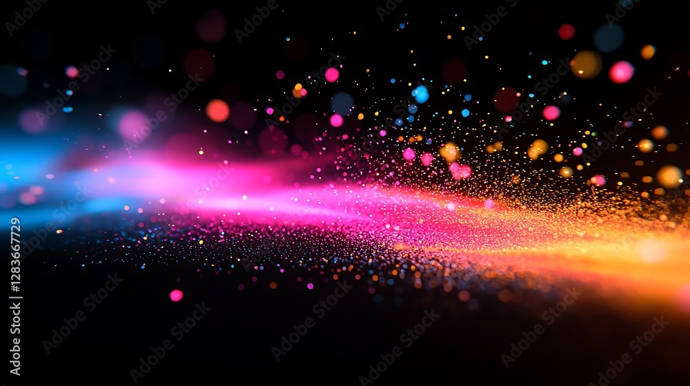 Poster colorful particles stream across a dark background