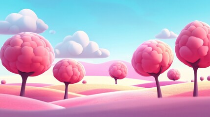 Pastel pink landscape with cartoon trees and clouds.