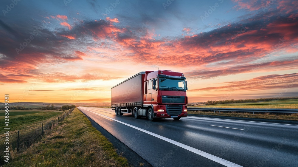Aufkleber truck driving on highway at sunset with vibrant sky and fields in background. generative ai