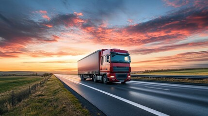 Truck driving on highway at sunset with vibrant sky and fields in background. Generative AI