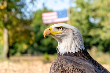 Obraz premium Majestic bald eagle posing with American flag in the background