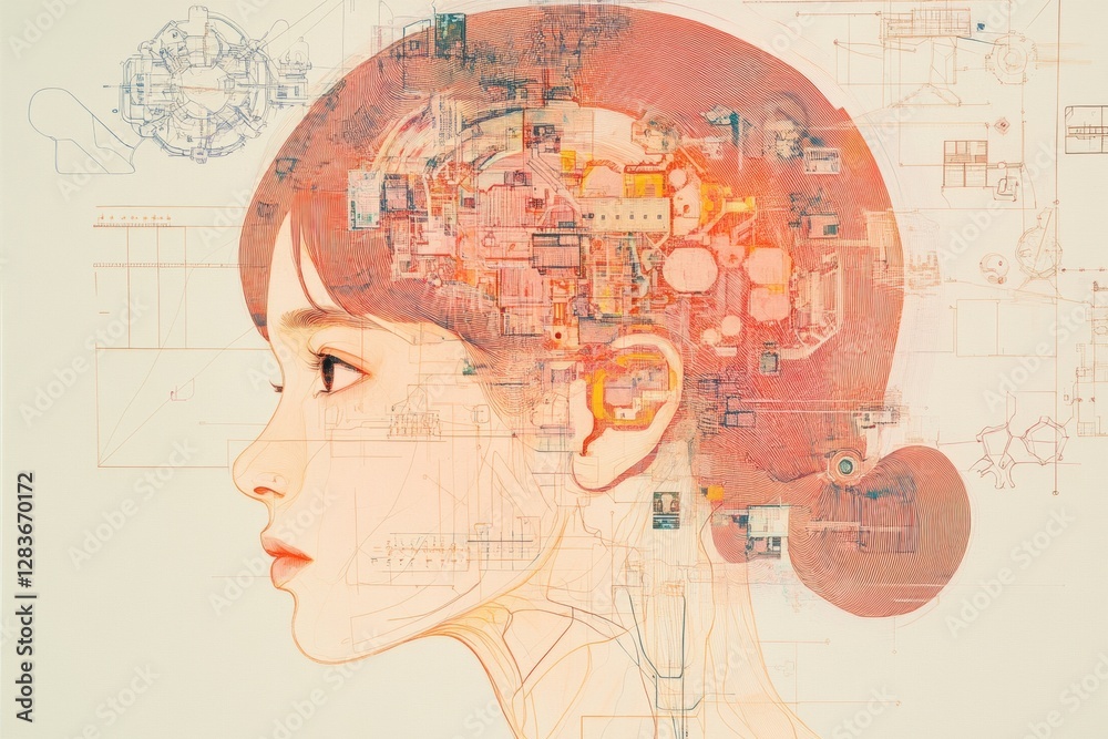 Aufkleber Schematic representation of artificial intelligence within the contours of a human head highlighting cognitive mechanisms. Generative AI