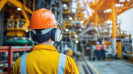 Engineer in Safety Gear Observing Industrial Facility Operations