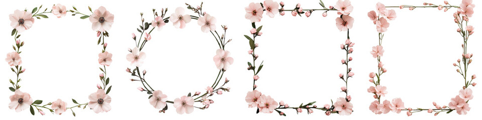 Delicate floral frames wreaths and garlands with soft pink blossoms leaves and branches for romantic botanical and elegant design elements  Feminine natural
