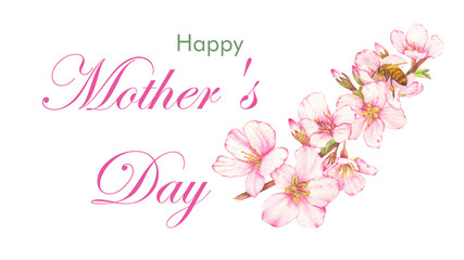 Happy Mother's Day greeting with hand drawn watercolor twig with spring blossom. Minimalistic hand drawn blossom twig with text greeting.