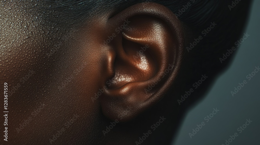 Poster close up of a woman's ear, highlighting the intricate details of the outer ear and emphasizing the s