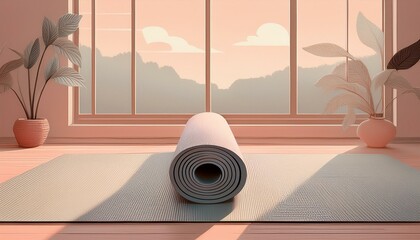 Yoga and Meditation background. A minimalist background with a yoga mat on the floor in soft pastel colors
