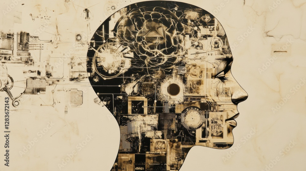 Poster conceptual outline of a human head displaying mechanisms symbolizing artificial intelligence and tec