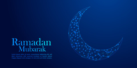 Low Poly Ramadan Mubarak Crescent Moon Illustration with Blue Glowing Geometric 3D Artwork Holy Time