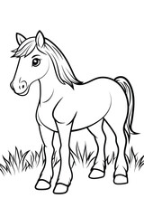 Adorable horse coloring page featuring a cute pony in a grassy field. Great for kids and adults, perfect for relaxation, fun activities, and farm animal lovers.
