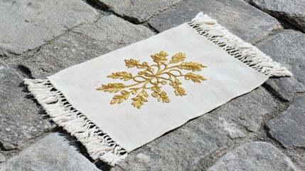 Elegant Decorative Textile with Golden Leaf Pattern on Stone Surface
