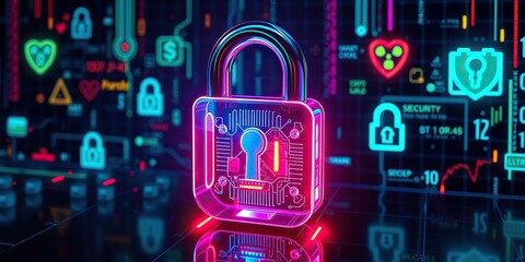 An image representing internet security. A three-dimensional, transparent padlock icon with an iridescent, glossy finish in rainbow colors. A dark, black background.