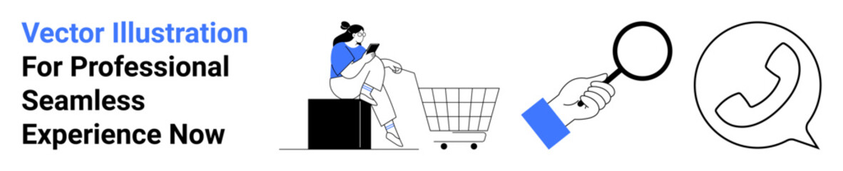 Woman sits shopping via smartphone near a cart, magnifying glass represents search, phone call icon for communication. Ideal for e-commerce, customer support, search tools, mobile apps, retail