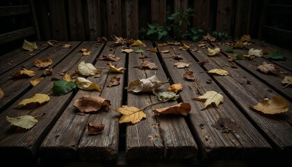 scattered autumn leaves on a wooden deck with a rustic atmosphere