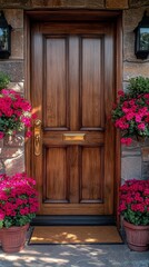 Fototapeta premium Wooden Front Door With Pink Flowers