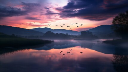 Obraz premium Misty Sunrise Over a Calm Lake with Birds