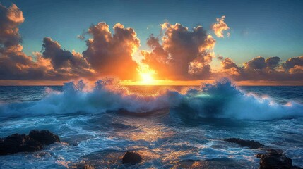 Dramatic sunset over crashing waves on rocky shore
