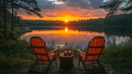 Fototapeta premium Lake Serenity, A Tranquil Sunset Retreat with Cozy Adirondack Chairs