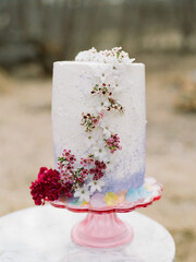 Elegant wedding cake adorned with fresh flowers on a spring afternoon in a serene outdoor setting