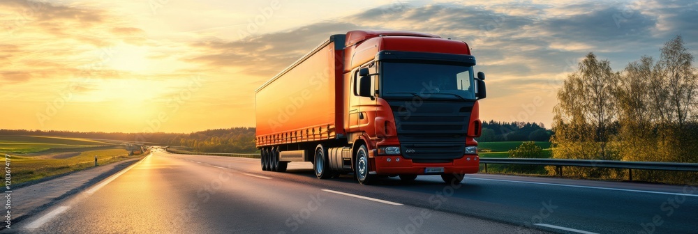 Poster Sunset road journey with a red truck on a highway near fields and trees. Generative AI