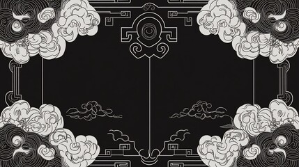 Elegant black and white Asian-inspired design with clouds and geometric frame, perfect for backgrounds or invitations.