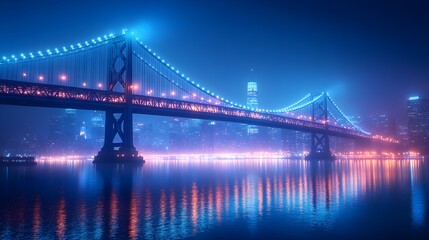 Fototapeta premium Illuminated Iconic Bridge at Night with City Lights Reflecting on Water – Generative AI