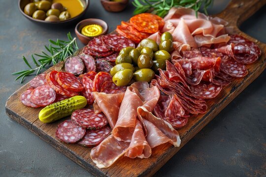A rustic wooden charcuterie board, thoughtfully arranged with an assortment of cured meats, complemented by briny olives and crisp pickled cucumbers, a culinary delight.