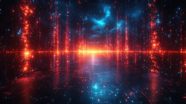 Futuristic data stream visualization with binary code and digital network