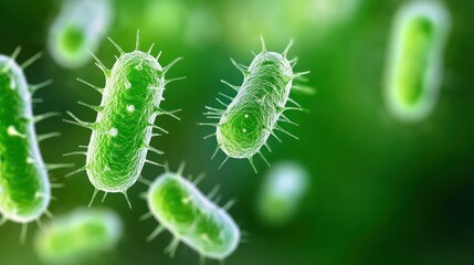 Fototapeta premium Colorful bacteria depicted in a lively green texture illustrates the microscopic world. Suitable for backgrounds or scientific presentations it provides ample space for added text or graphics