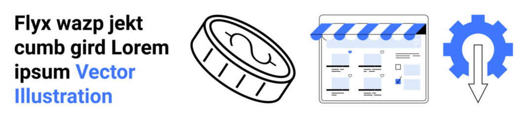Online store webpage with striped awning, gear symbol, and coin. Ideal for e-commerce, digital marketing, online payments, technical setup, business solutions, website design financial services