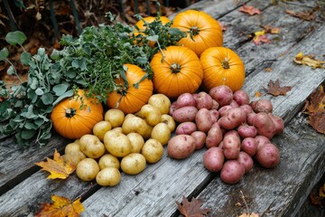 A rustic autumn arrangement of vibrant pumpkins, new potatoes, and fresh herbs displayed on weathered wooden planks, capturing the essence of a bountiful fall harvest with fallen leaves.