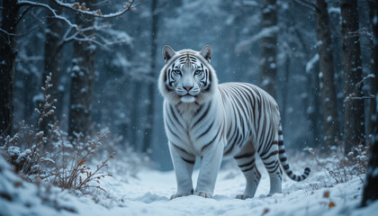 Obraz premium Majestic White Tiger Standing in a Serene Snow-Covered Forest
