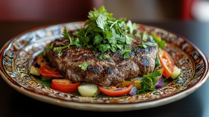 Grilled Steak Garnished with Fresh Herbs and Colorful Vegetables