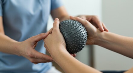 Physiotherapist assisting patient with therapy ball during rehabilitation session
