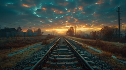 Fototapeta premium Railroad tracks under dramatic colorful sunset sky. Journey concept. Travel. Website banner