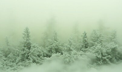 Snow Covered Pine Trees in Foggy Winter Landscape