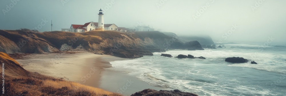 Poster Coastal view with lighthouse and foggy atmosphere near the shore at dawn. Generative AI