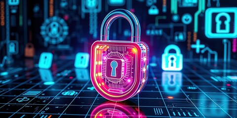 An image representing internet security. A three-dimensional, transparent padlock icon with an iridescent, glossy finish in rainbow colors. A dark, black background.