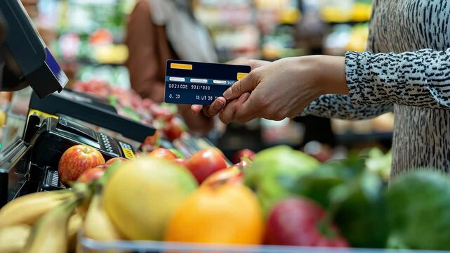 Cashier processes credit card payment from customer in grocery store filled with fresh produce, Cashier taking credit card payment from a customer at grocery store checkout