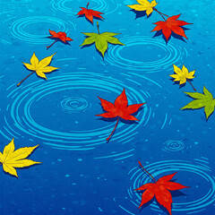 Obraz premium drawing of autumn leaves on the water, circles from the rain.