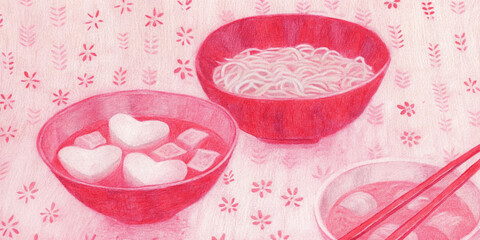 Pink themed art of bowls with noodles and heart marshmallows on patterned tablecloth
