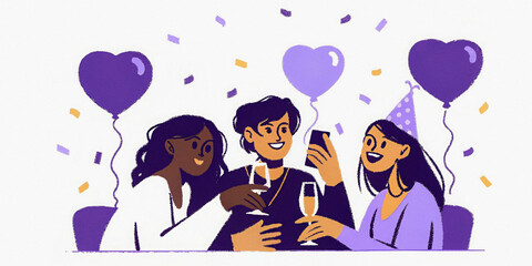 Fototapeta premium Diverse young adults celebrating with drinks and taking a selfie at a party