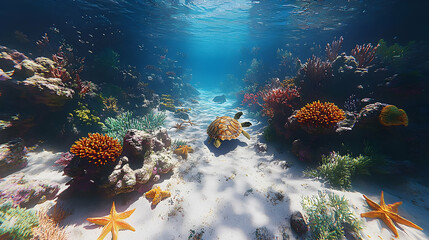 Vibrant Underwater Coral Reef With Sea Turtle