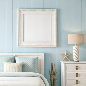 Coastal bedroom with blue walls and beach-inspired decor