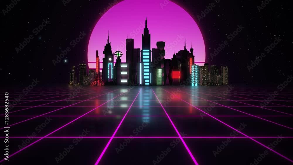 Poster retro-futuristic 80s style looping animation with night city background. synthwave seamless loop cyb