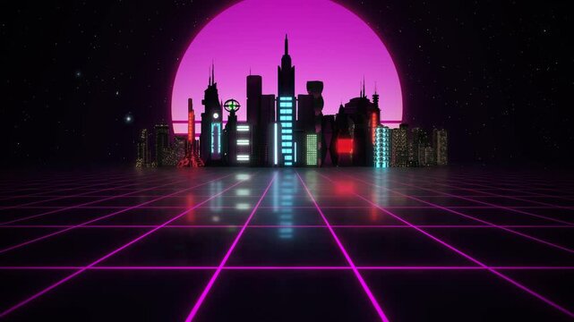 Retro-futuristic 80s style looping animation with night city background. Synthwave seamless loop cyberpunk cityscape for the music video. Futuristic 80s retro synthwave style 3d render animation loop.